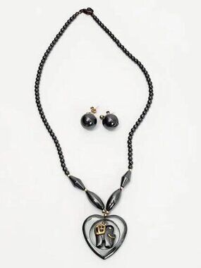 Long Hematite Heart Necklace with Elephant & Earrings Set – New